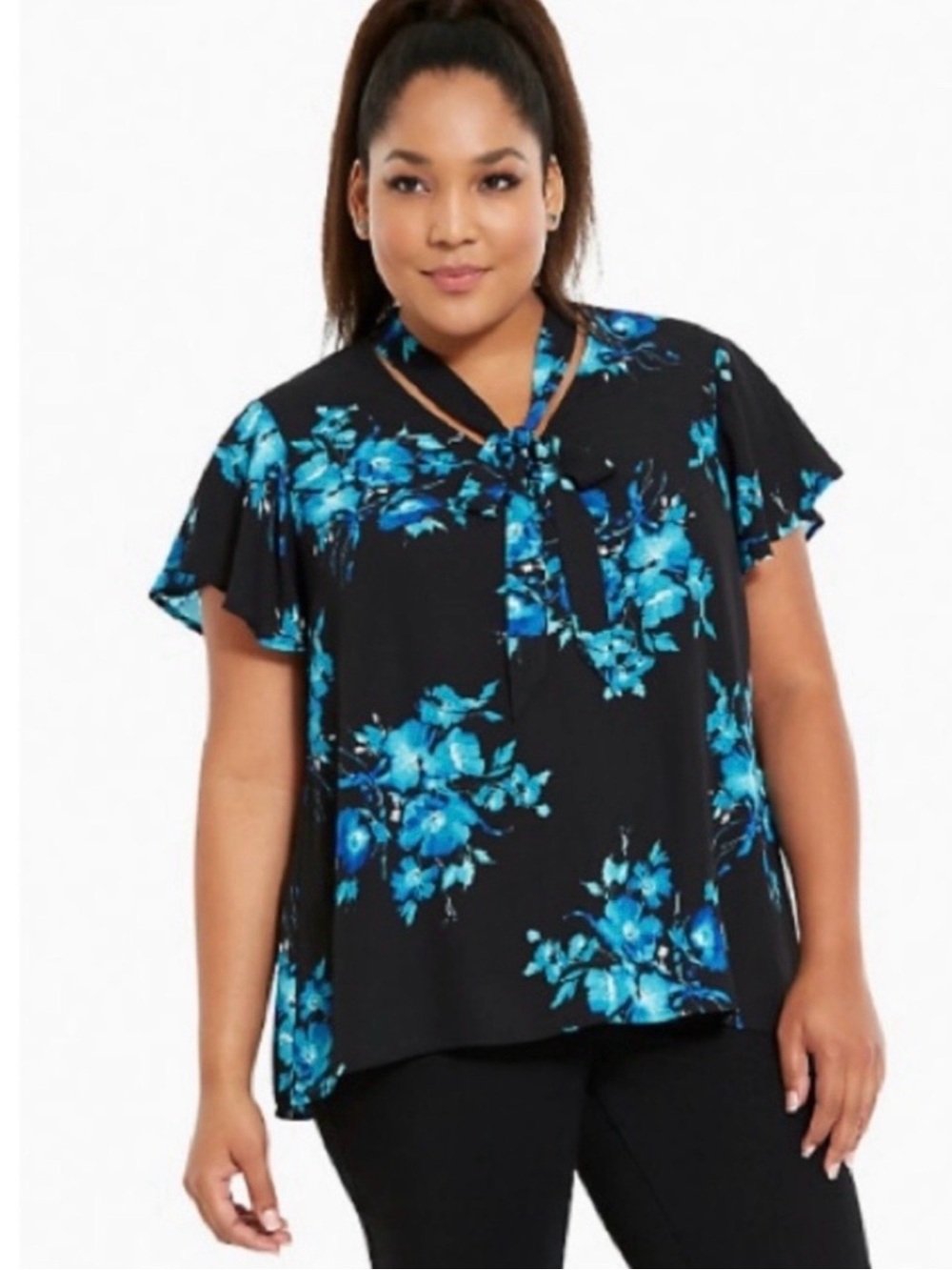 TORRID Black Blue Floral Print Georgette Tie Neck Bow Top Blouse Sz 3 or a 3X